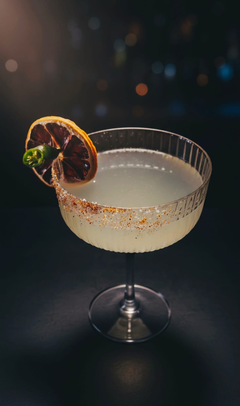 Coupe with a chilli salt rim and dried citrus