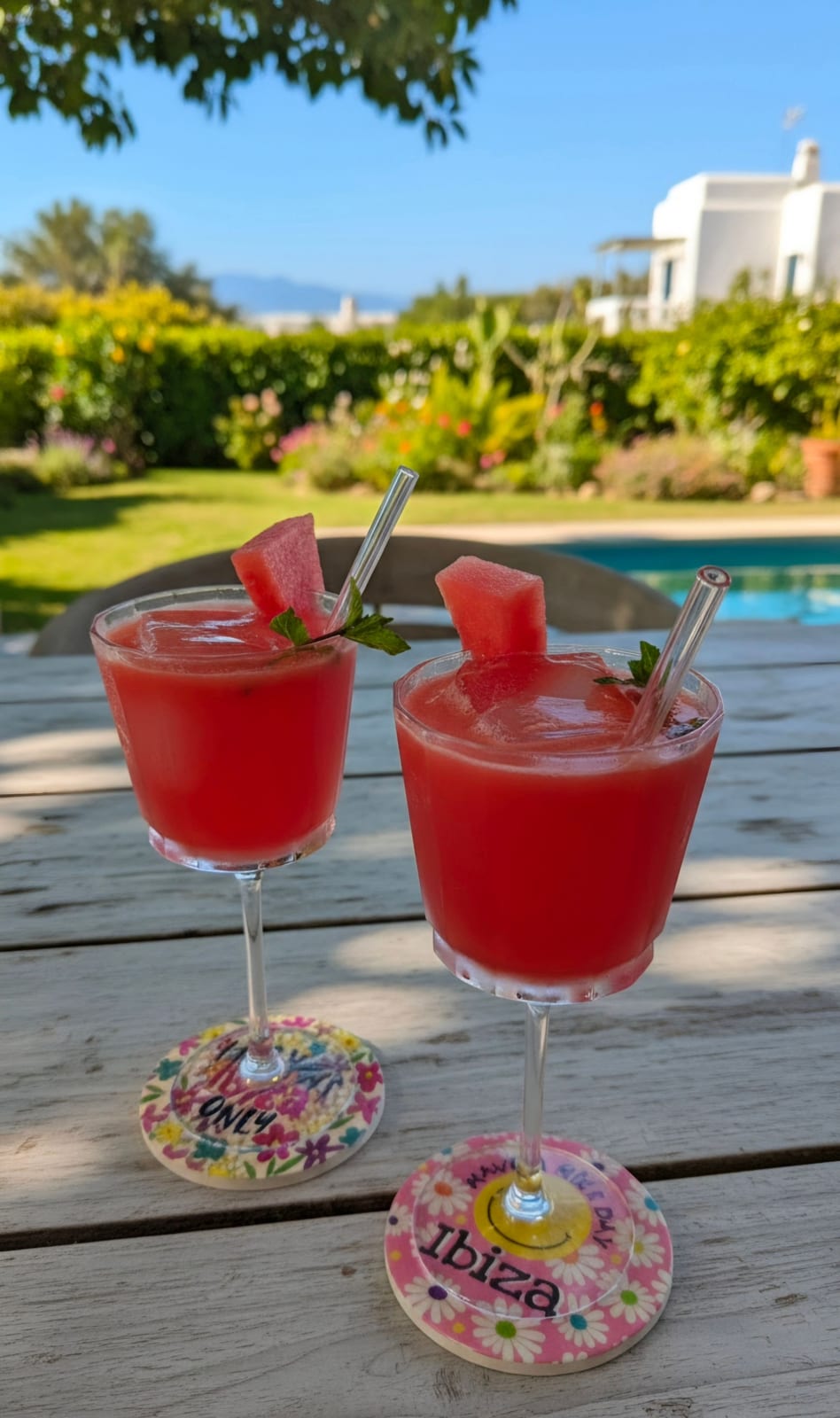 Two watermelon cocktails by the pool